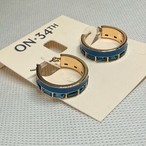 Blue Enamel & Gemstone Hoop Earrings - Gold Tone
